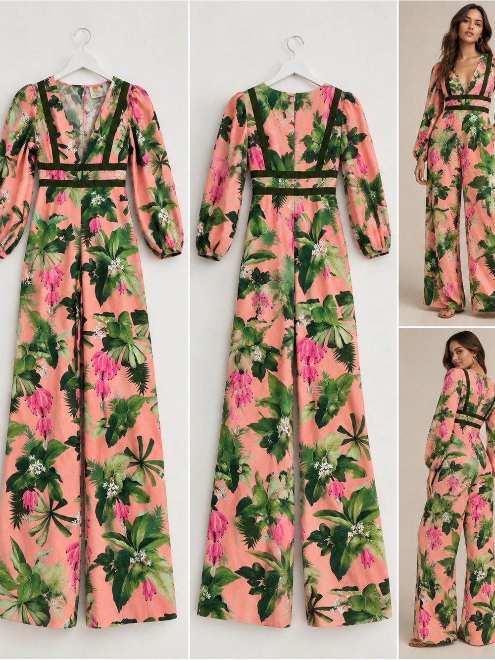 Anthropologie Peach Floral Maxi Dress with Green Leaf Trim